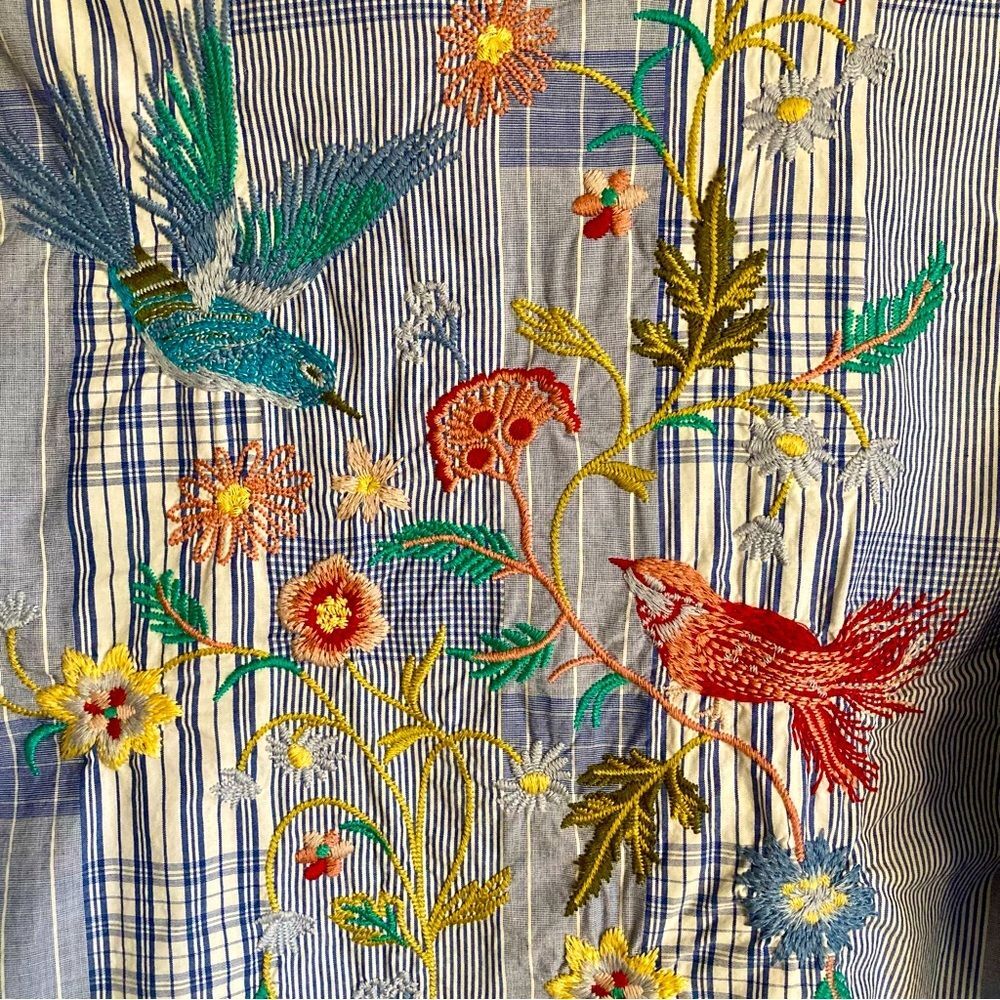 Johnny Was Zanzibar Button Down Shirt Floral Bird Embroidery Plaid Snaps Size XS - Picture 13 of 15